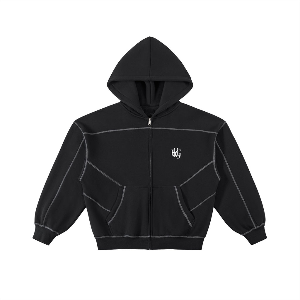 Contrast-Stitched Boxy Fleece Zip Hoodie