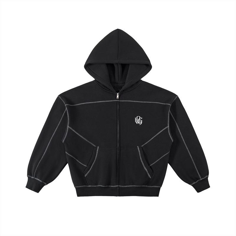 Contrast-Stitched Boxy Fleece Zip Hoodie